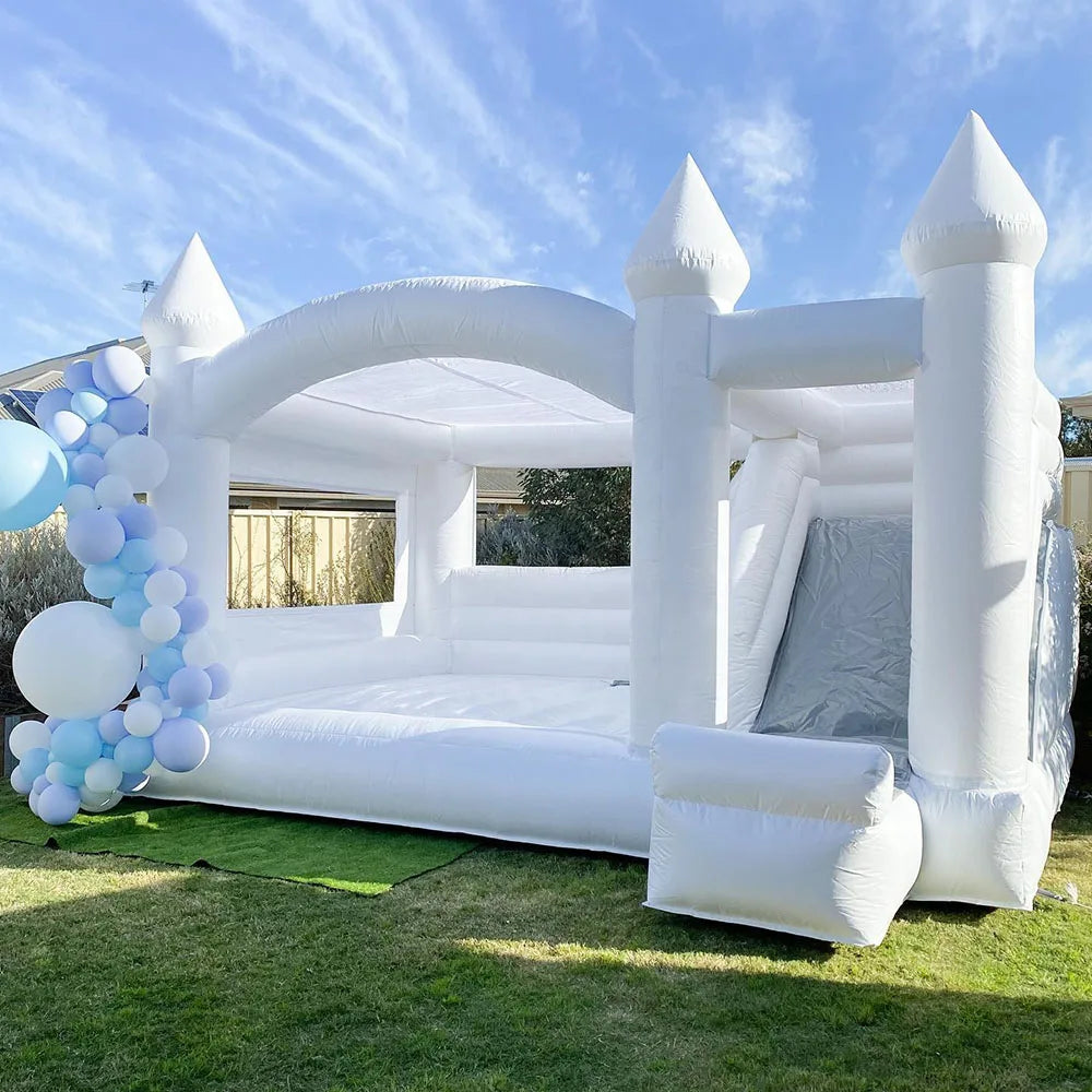 White PVC jumper Inflatable Wedding Bounce Castle With slide Jumping Bed Bouncy castle bouncer  House with blower  For Fun