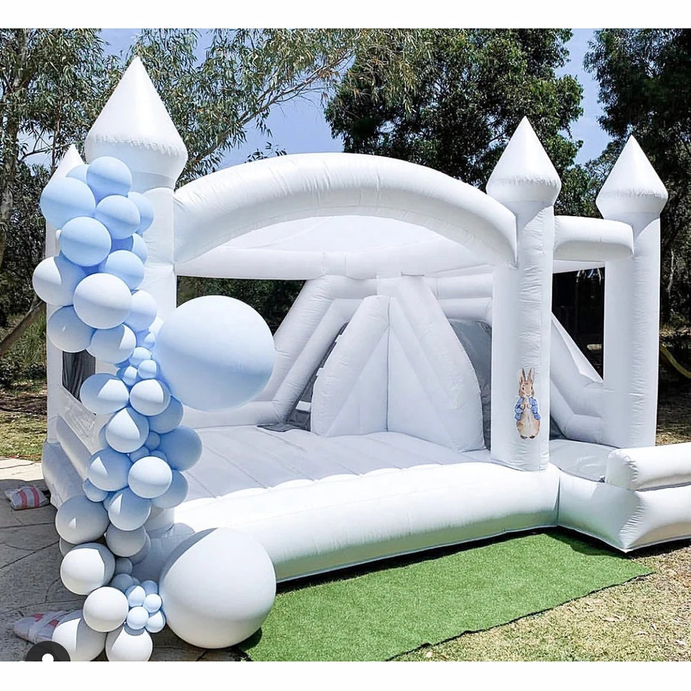 White PVC jumper Inflatable Wedding Bounce Castle With slide Jumping Bed Bouncy castle bouncer  House with blower  For Fun