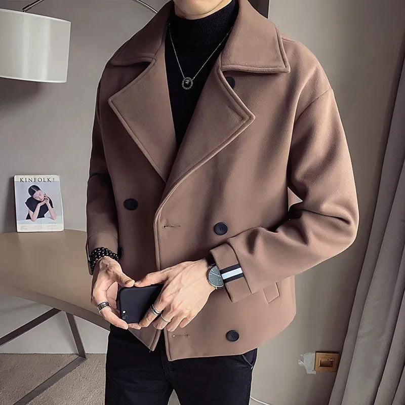 Autumn/winter Men's Cropped Woolen Jacket Sensible Design Korean Trendy British Style Casual Loose Fit Trench Coat