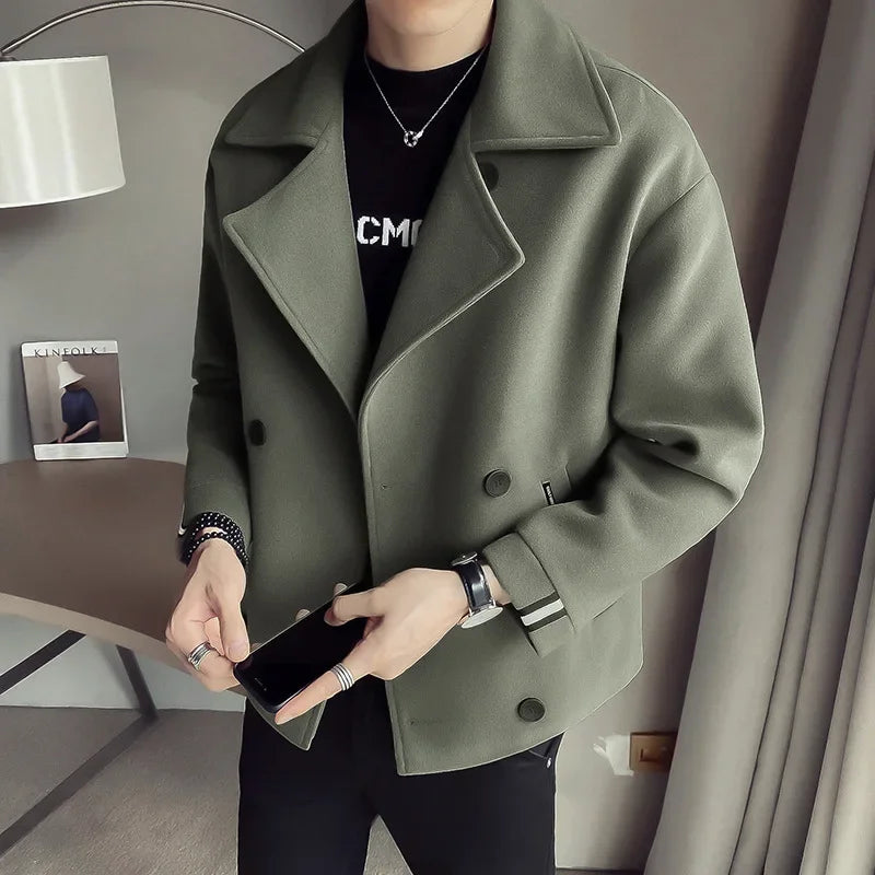 Autumn/winter Men's Cropped Woolen Jacket Sensible Design Korean Trendy British Style Casual Loose Fit Trench Coat