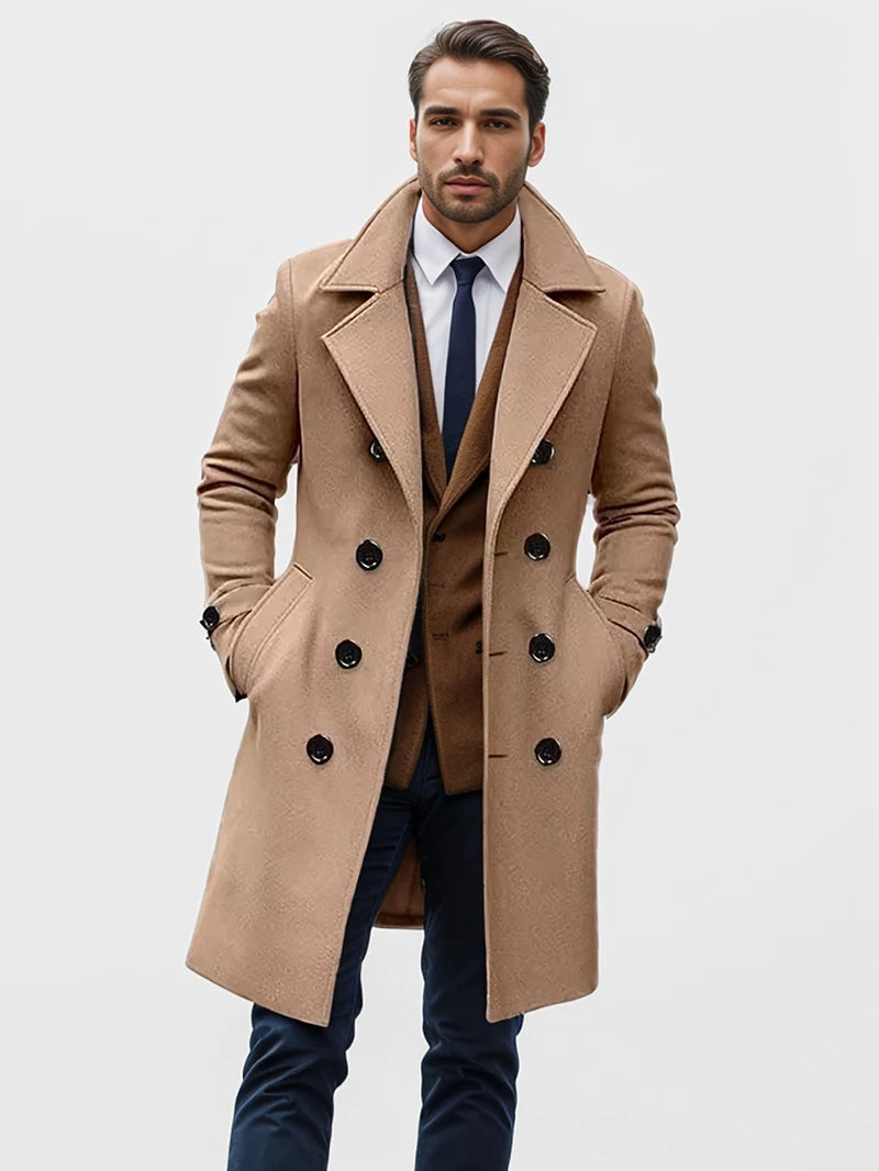 Autumn and winter men's woolen coat casual and fashionable double breasted long men's woolen coat