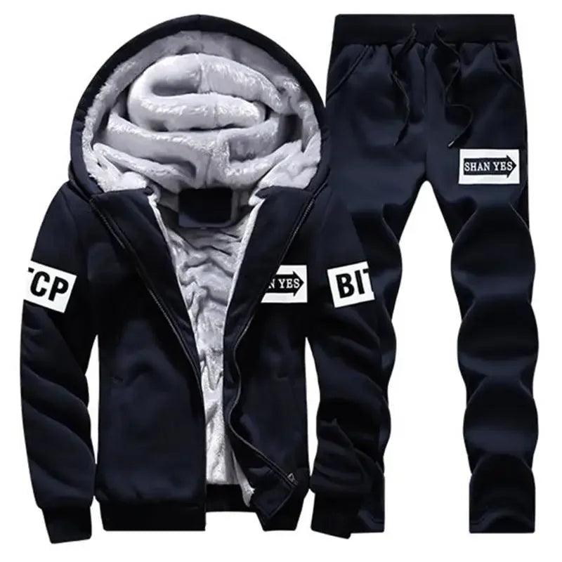 Men Tracksuit Thick Winter Autumn Men's Casual Printed Sports Suit Loose Hooded Hoodies Long Pant Two Piece Male Sportwears Sets