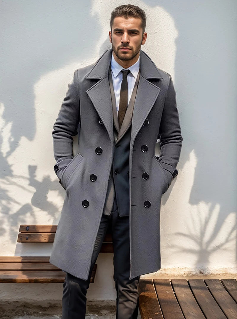 Autumn and winter men's woolen coat casual and fashionable double breasted long men's woolen coat